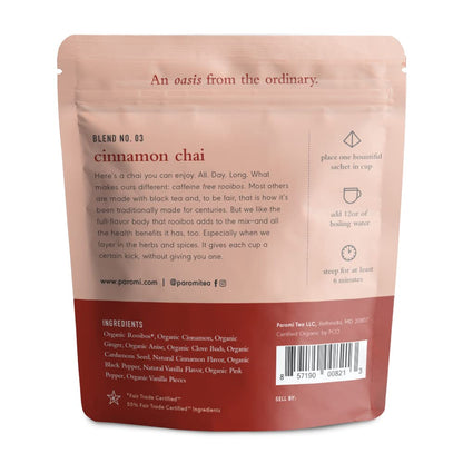 Paromi Organic Cinnamon Chai Rooibos Tea, 15 Full-Leaf Pyramid Sachets in a Resealable Pouch — Caffeine-Free Chai with Cinnamon, Ginger, Clove & Cardamom, Non-GMO