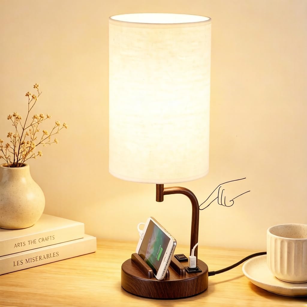 Dreamholder Touch Control USB Table Lamp with USB C/A & AC Outlet, 3-Way Dimmable Bedside Lamp, Modern Nightstand Lamps for Bedroom Living Room Guest Room Office, Bulb Included, Gold