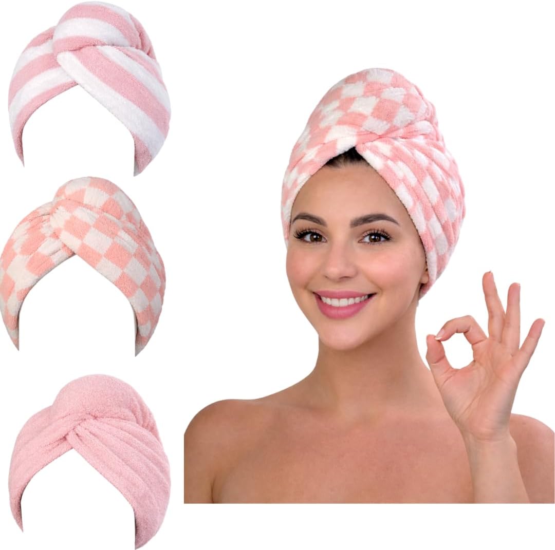 KELVO Microfiber Hair Towel Wrap for Women-Pack of 3, 350 GSM Super Absorbent Quick Dry Hair Turban Anti-Frizz Head Wrap for Curly, Long & Thick Hair Soft Hair Drying Towel (Checkered, Mixed Color)