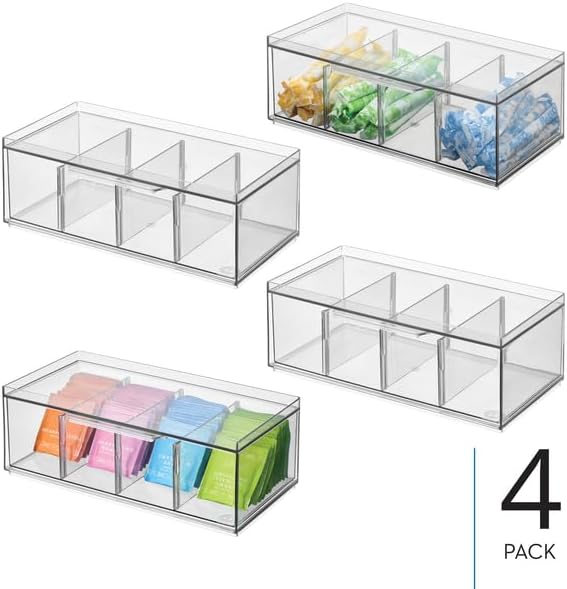 iDesign XL Tea Bag Organizer, Clear, 4-Section | For Counter, Storage Drawer for Cabinet