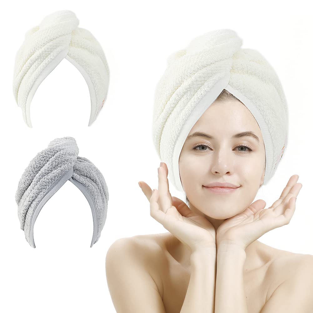 M-bestl 2 Pack Microfiber Hair Towel Wrap,Hair Drying Towel with Button,Quick Dry Hair Towel Turban for Women,Absorbent Anti-frizz Head Towel for Long Thick Curly Hair(Pink&Beige)