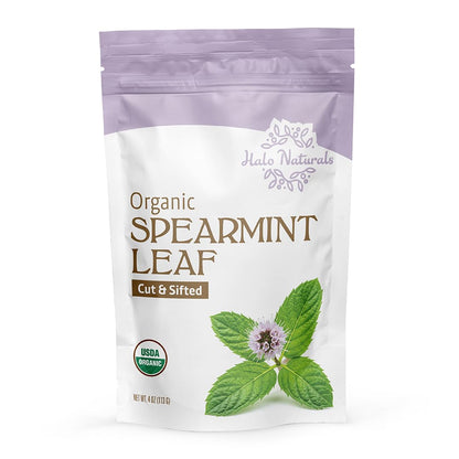 Halo Naturals Organic Spearmint Leaf Cut & Sifted, 4 Ounces (Mentha spicata) USDA Certified | Resealable Pouch| Packaged in The USA