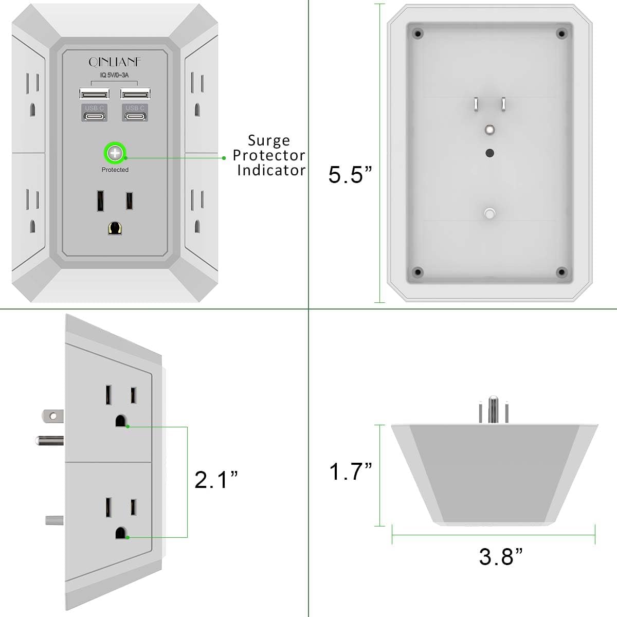 Wall Charger, Surge Protector, QINLIANF 5 Outlet Extender with 4 USB Ports