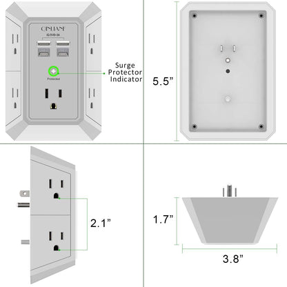 Wall Charger, Surge Protector, QINLIANF 5 Outlet Extender with 4 USB Ports
