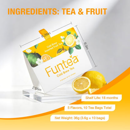 FUNTEA Cold Brew Fruit Tea Sampler, Caffeine-Free Unsweetened Fruit Herbal Blends, 5 Flavors Variety Pack, Individually Wrapped Tea Bags, Fruity Iced Tea, 10 Count (Pack of 1)
