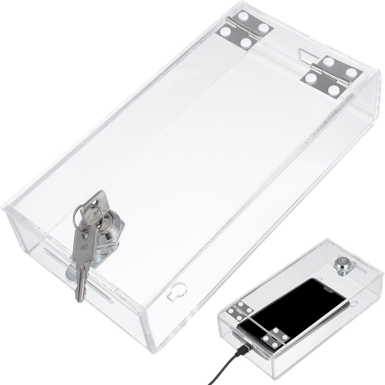 STOBOK Cell Phone Locker Box, Clear Acrylic Phone Jail Lock Box with 2 Keys, Self-Control Transparent Storage Container with Charging Port for Classroom Home Office Use