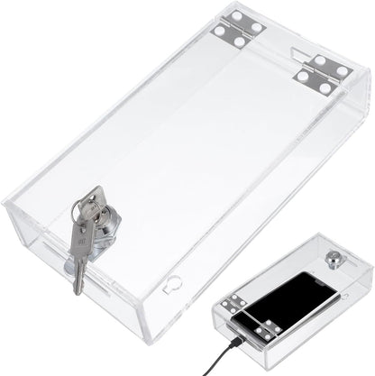 STOBOK Cell Phone Locker Box, Clear Acrylic Phone Jail Lock Box with 2 Keys, Self-Control Transparent Storage Container with Charging Port for Classroom Home Office Use