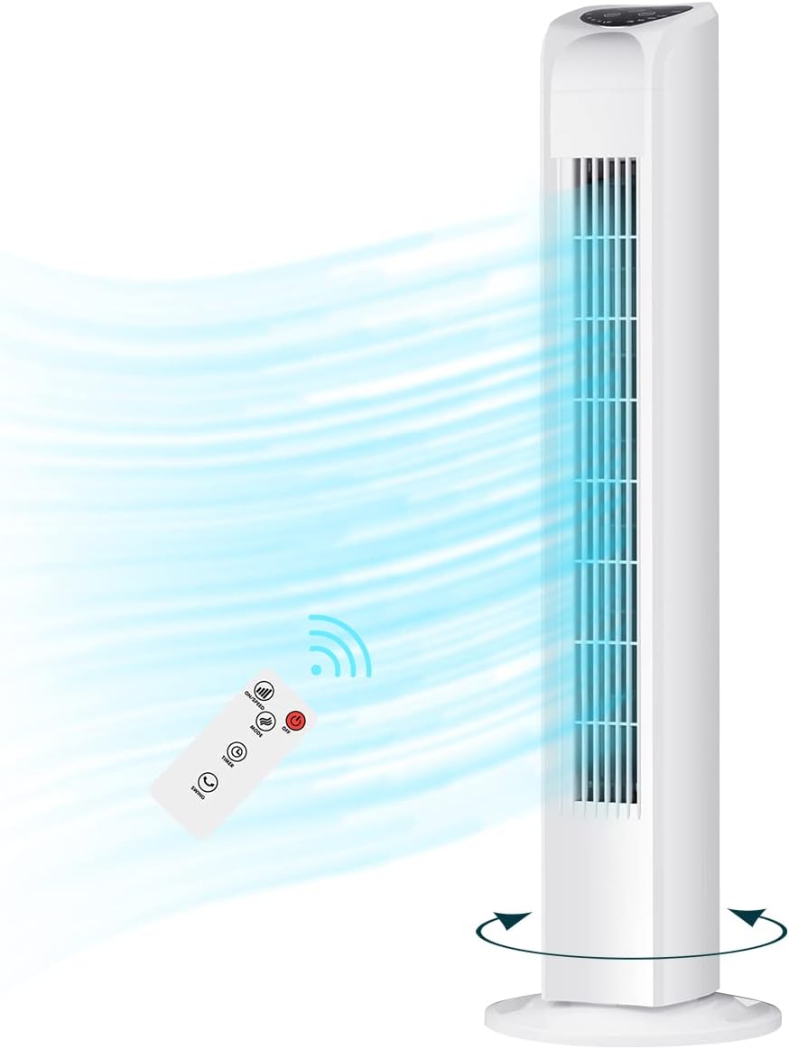 Uthfy Oscillating Tower Fan for Bedroom, Portable Standing Fan with Remote, 3 Modes 3 Speeds, 7.5H Timer, 120° Quiet Cooling for Living room, Office, Black