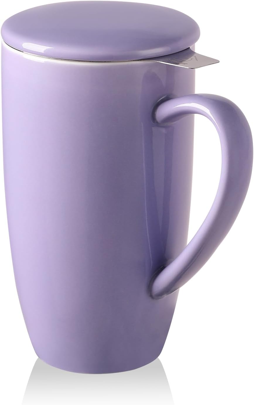 Sweejar Porcelain Tea Infuser Mug with Lid, 16 oz Teacup with Strainers for Loose Leaf Tea, Microwave and Dishwasher Safe Coffee Mug(Purple)