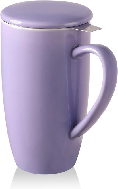 Sweejar Porcelain Tea Infuser Mug with Lid, 16 oz Teacup with Strainers for Loose Leaf Tea, Microwave and Dishwasher Safe Coffee Mug(Purple)