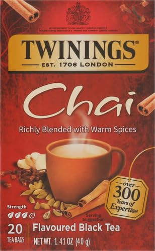 Twinings Chai Black Tea Individually Wrapped Bags, 20 Count (Pack of 2), Sweet, Savoury Spices, Caffeinated, Enjoy Hot or Iced, 20 Teabags