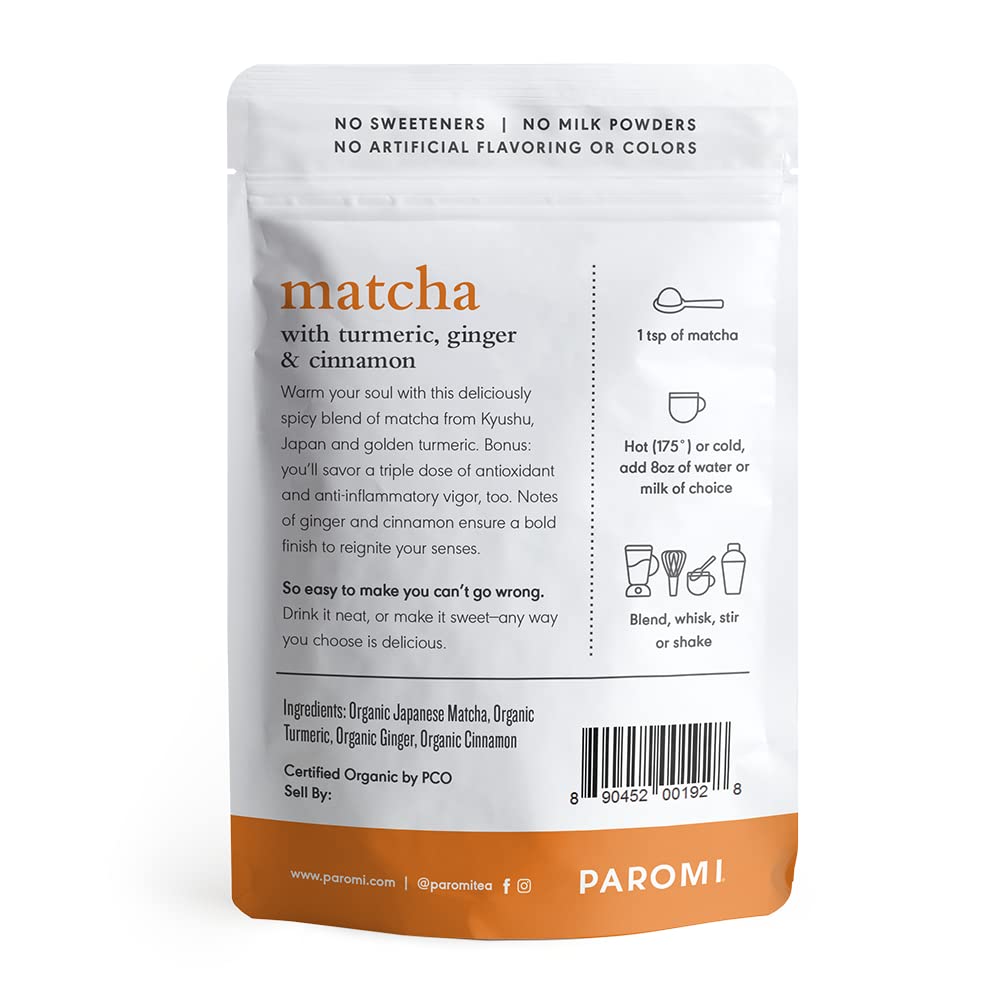 Paromi Matcha Green Tea Powder with Turmeric, Ginger & Cinnamon, 35g (18 Servings) — Made with Stone-Ground Organic Matcha from Kyushu, Japan — Blend, Whisk, Stir or Shake into Water or Milk
