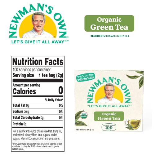Newman's Own Organic Green Tea with 100 Individually Wrapped Tea Bags Per Box (Pack of 2) USDA Certified Contains Caffeine Brew Hot