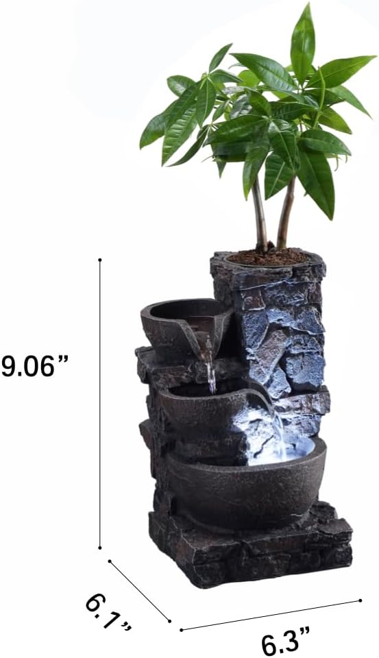 MAOCHI Indoor Tabletop Water Fountain with Planter Pot, Small Desk Waterfall with Cool LED Lights, Zen Decor for Office, Home & Bedroom, Calming Meditation Relaxation Gifts for Plant Lovers