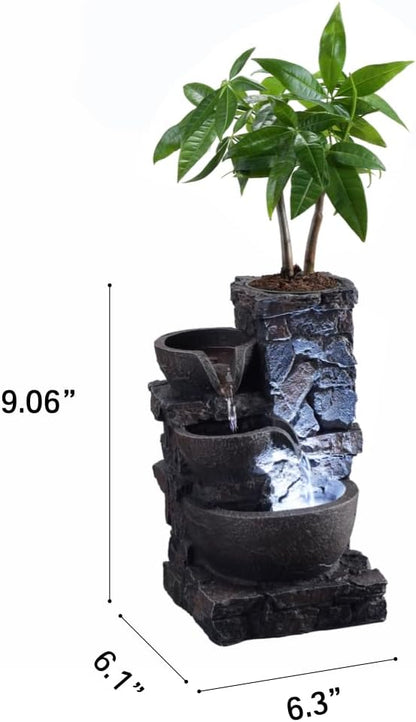 MAOCHI Indoor Tabletop Water Fountain with Planter Pot, Small Desk Waterfall with Cool LED Lights, Zen Decor for Office, Home & Bedroom, Calming Meditation Relaxation Gifts for Plant Lovers