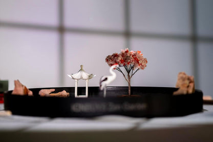 Zen Garden Crane, Pavilion and Sakura Set with Free Rakes and Pushing Sand Pen Base Tray Diameter 9.4 inches