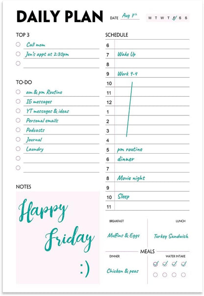 Daily Planner Notepad - A5 Calendar, Scheduler, Organizer with Priority, To Do List, Appointments, Notes, Meals and Water Intake Tracker, 50 Undated Tear-Off Sheets Planning Pad, 5.8"x8.25"