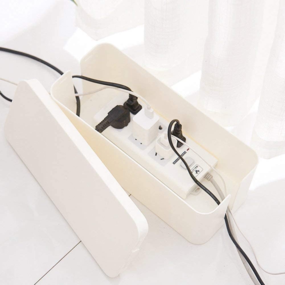 Cable Management Box Organizer, Pack of 2 Wire Concealer to Cover Hide Surge Protector & Power Strip on Desk Floor, with 5 Cord Fastening Tapes for Office, Home, Kitchen (Luxury Black)