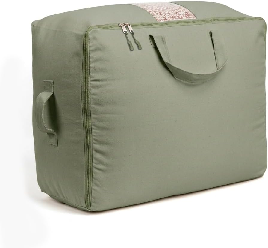 Soft Canvas Storage Bags with Zipper. Thick Breathable, 2pc King/Queen Comforter Organizer. Four Carrying Handles and Window. Large 25x19x9in Bag for Sheets Blankets Bedding Pillows, Clothes