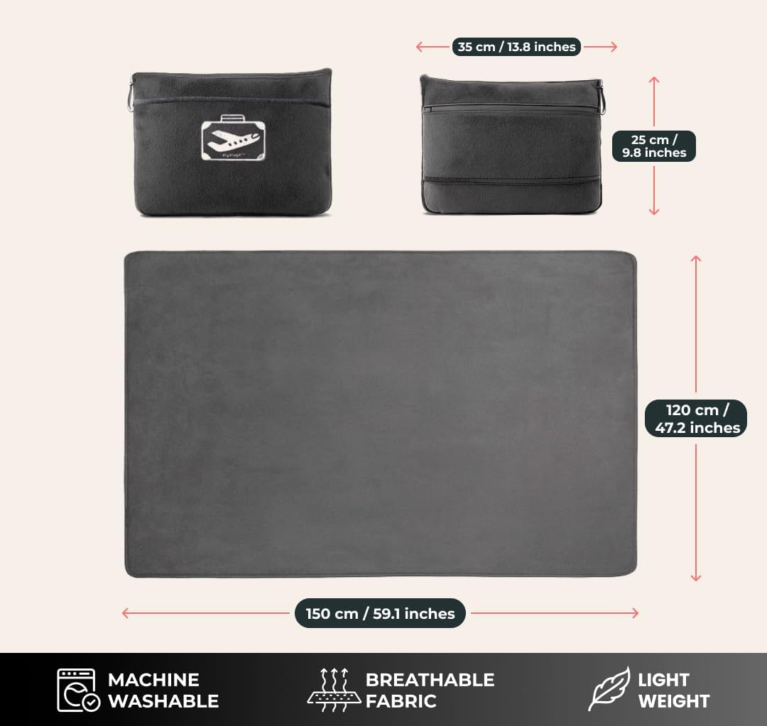 FlyHugz Grey Travel Blanket & Pillow Set (59.1"x47.2") with Carry Case