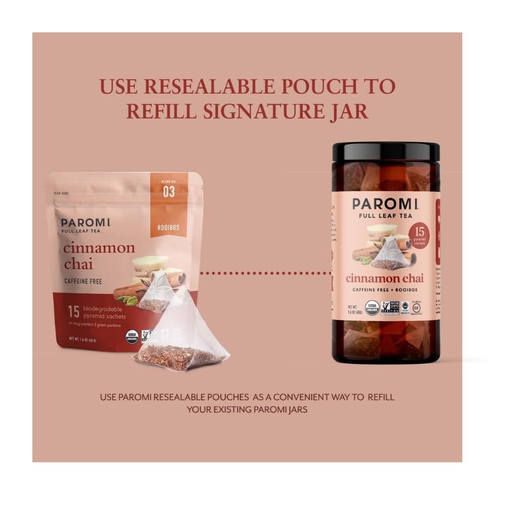 Paromi Organic Cinnamon Chai Rooibos Tea, 15 Full-Leaf Pyramid Sachets in a Resealable Pouch — Caffeine-Free Chai with Cinnamon, Ginger, Clove & Cardamom, Non-GMO