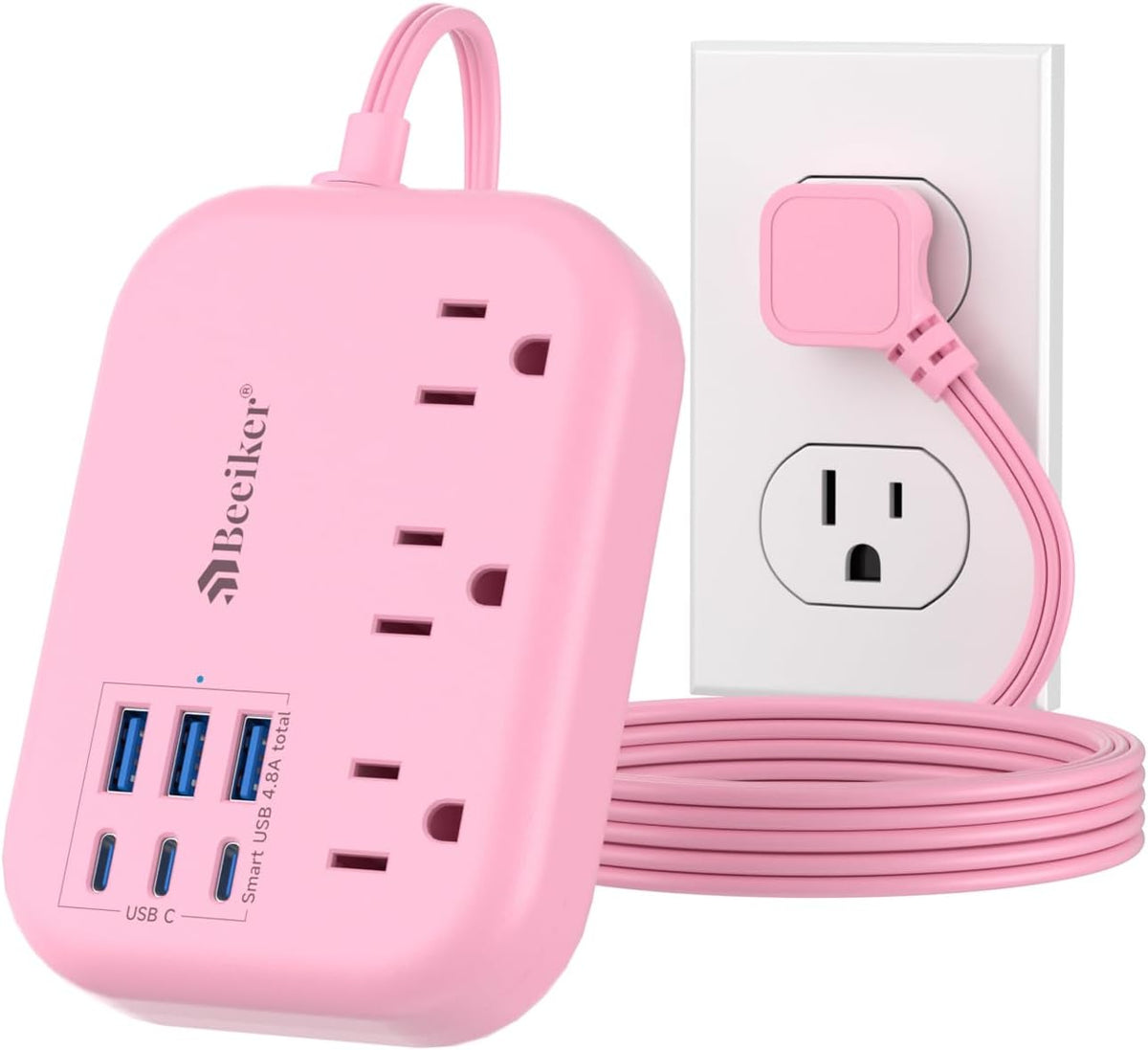 6 USB(3 USB C) Power Strip- Travel Power Strip with 6 USB Desktop Charging Station 24W/4.8A and 3 Outlets, 5Ft Flat Plug Braided Extension Cord, Non Surge Protector for Cruise Ship Travel Office Dorm