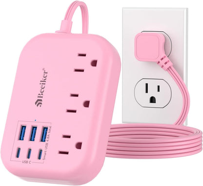 6 USB(3 USB C) Power Strip- Travel Power Strip with 6 USB Desktop Charging Station 24W/4.8A and 3 Outlets, 5Ft Flat Plug Braided Extension Cord, Non Surge Protector for Cruise Ship Travel Office Dorm