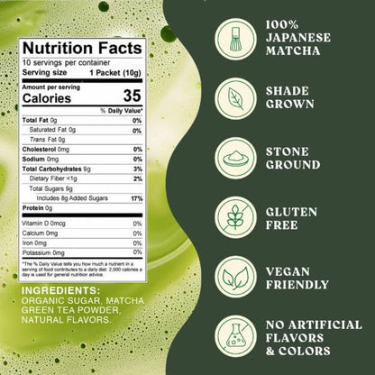 The Harmony Matcha Vanilla (10 Sticks) Premium Sweetened Japanese Matcha Powder, Rich in Antioxidants & L-Theanine, Dairy, Gluten, & Preservative Free, Serve Hot or Iced