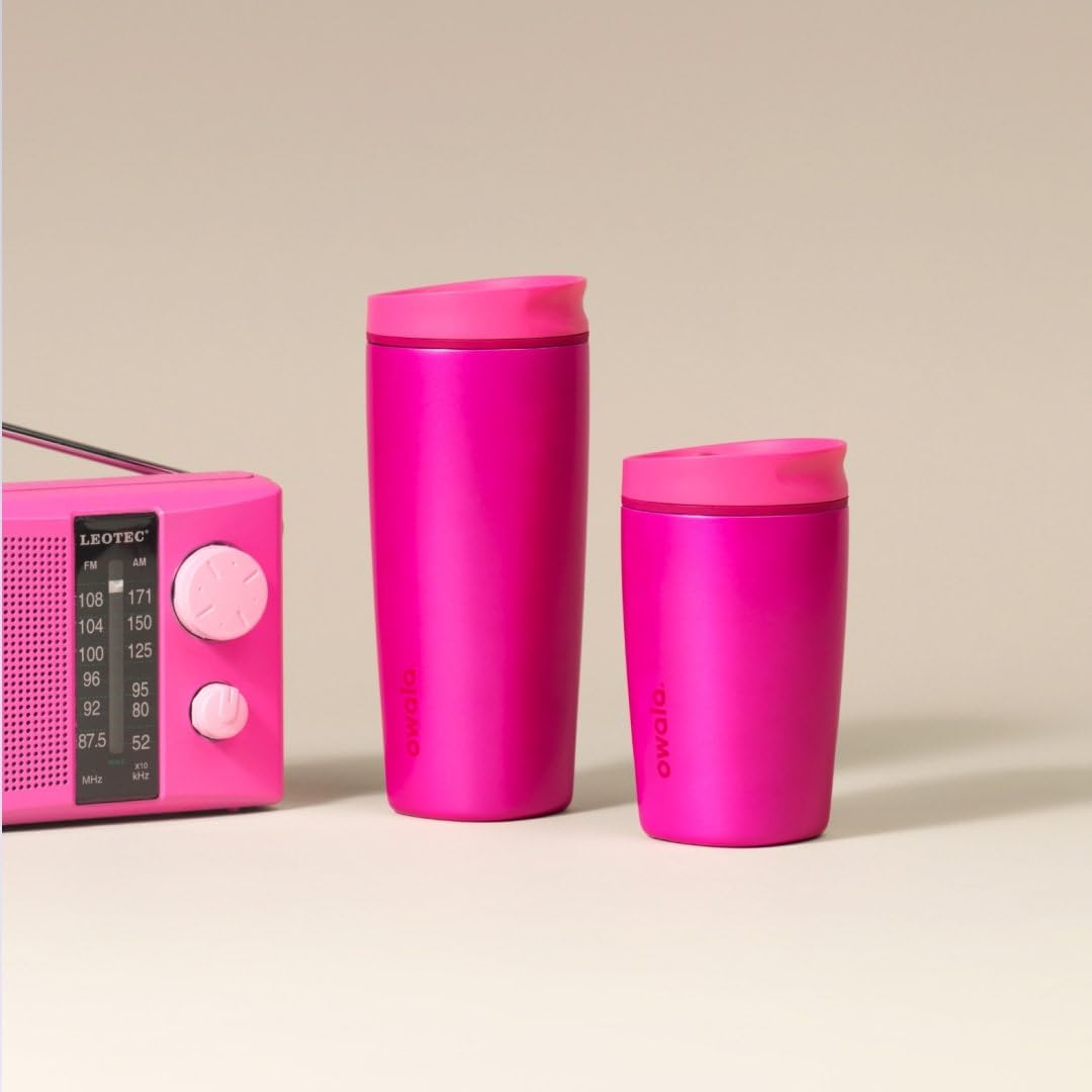 Owala SmoothSip Slider Insulated Stainless Steel Coffee Tumbler, Reusable Iced Coffee Cup, Hot Coffee Travel Mug, BPA Free 12 oz, Pink (Pucker Up)