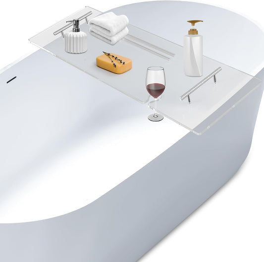 Acrylic Bathtub Tray Bathtub Tray Caddy Bath Tray Table for Tub Luxury Spa with Book and Wine Glass Holder Bathroom Accessories for Decorative Bathtubs, Transparent 31.5inch