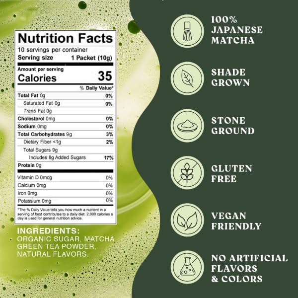 The Harmony Matcha Vanilla (10 Sticks) Premium Sweetened Japanese Matcha Powder, Rich in Antioxidants & L-Theanine, Dairy, Gluten, & Preservative Free, Serve Hot or Iced