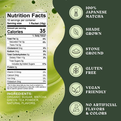 The Harmony Matcha Vanilla (10 Sticks) Premium Sweetened Japanese Matcha Powder, Rich in Antioxidants & L-Theanine, Dairy, Gluten, & Preservative Free, Serve Hot or Iced