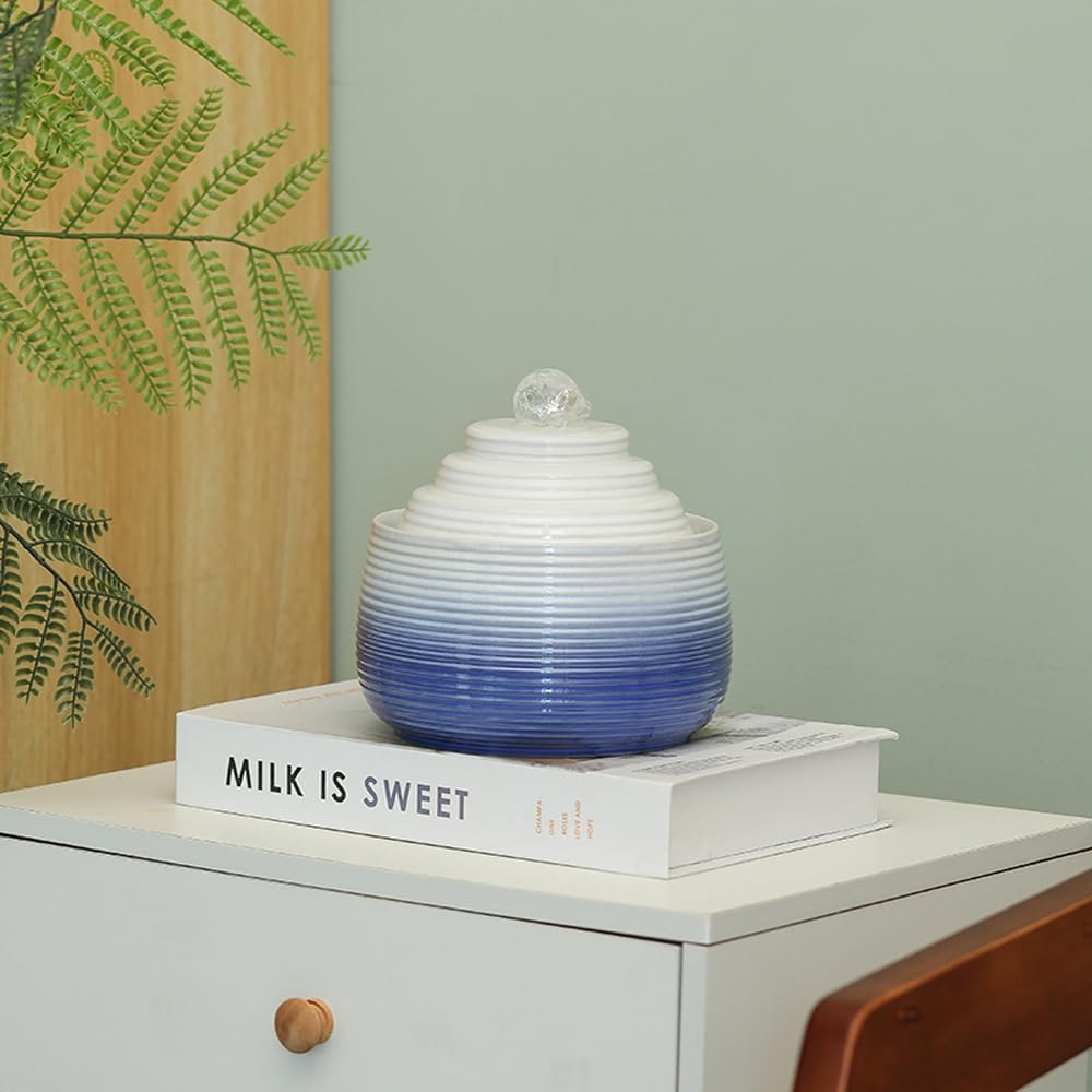 Indoor and Outdoor Fountain Water Feature Fall Ceramic Home Office Decoration mini Tabletop Desktop (Blue with Ball S093)