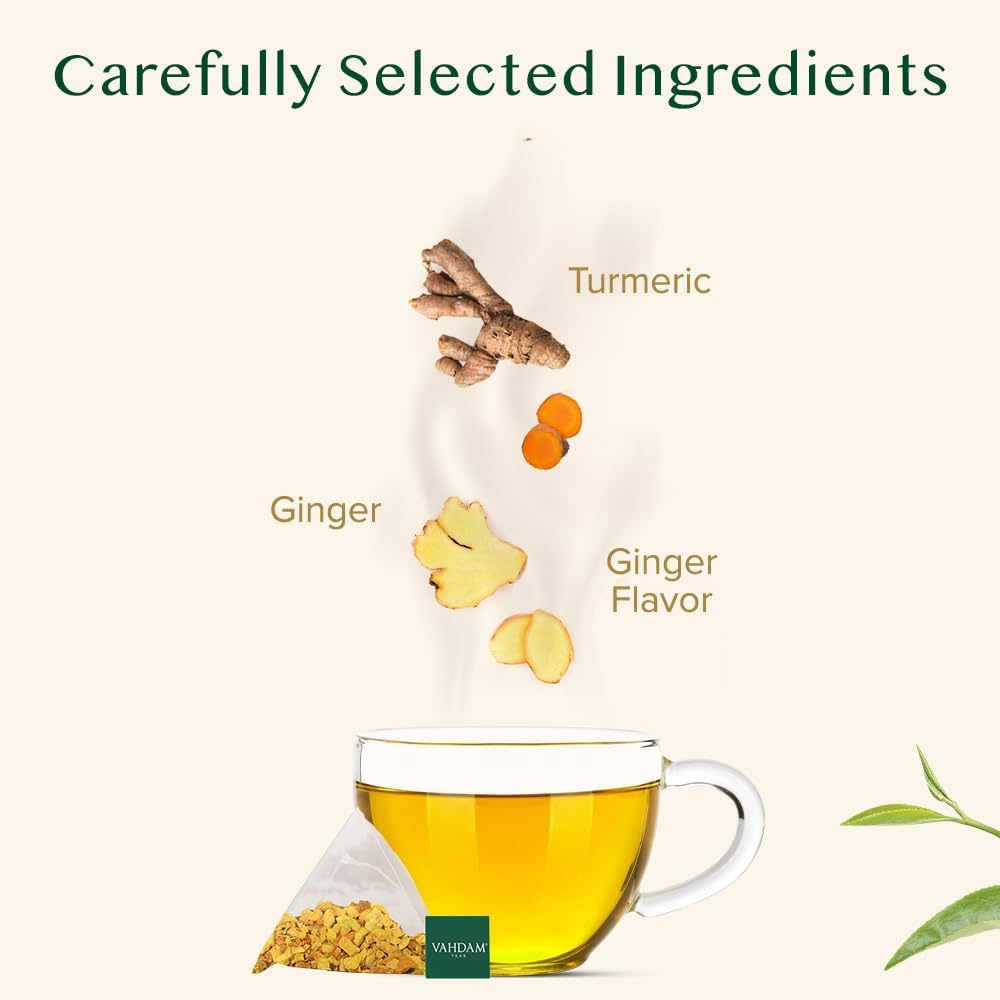 VAHDAM Organic Turmeric Ginger Herbal Tea Bags (100 Pyramid Tea Bags) Caffeine Free, Non GMO | 100% Pure Herbal Blend - Savory & Spicy, Plant-Based Teabags | Resealable Ziplock Pouch