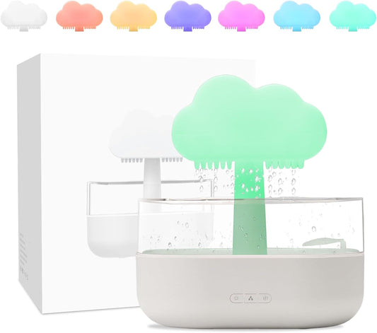Rain Cloud Humidifier Water Drip - Mushroom Aroma Diffuser, Essential Oil Diffusers, 300ml White Noise Aromatherapy Diffusers with 7 Colors Cloud Lights for Home, Large Room, Office - White