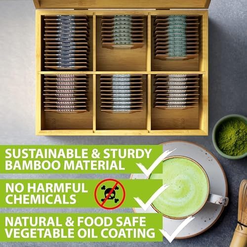 Tea Organizer Box Food Safe Chemical Free Bamboo Wood Storage Chest Big, Tall, Adjustable Cubbies (8-Slot 14.3" x 8.1" x 4.2" with TEA print design)