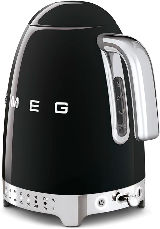 SMEG Variable Temperature Electric Kettle 1.7L (7 Cup), Stainless Steel Tea & Coffee Kettle, Fast Boil, Adjustable Temp 122°F–212°F, Keep Warm, Auto Shut-Off, 360° Base, Retro Style-Black