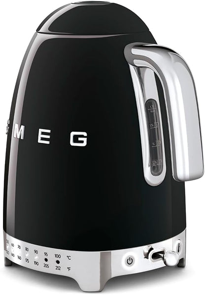 SMEG Variable Temperature Electric Kettle 1.7L (7 Cup), Stainless Steel Tea & Coffee Kettle, Fast Boil, Adjustable Temp 122°F–212°F, Keep Warm, Auto Shut-Off, 360° Base, Retro Style-Black