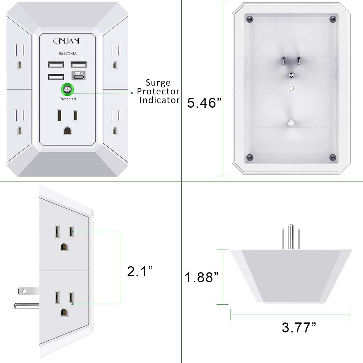 Wall Charger, Surge Protector, QINLIANF 5 Outlet Extender with 4 USB Ports