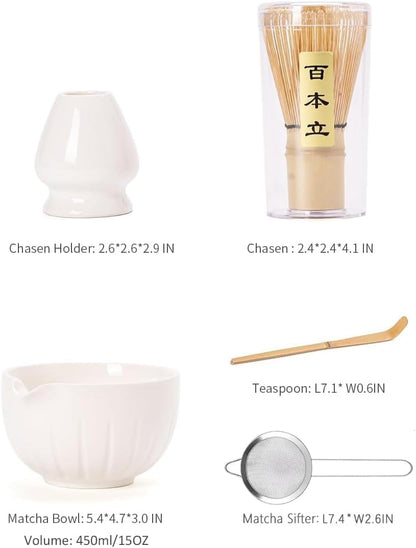 TANG PIN Matcha Set - Match Bowl and Whisk, 15 OZ, Matcha Scoop | Matcha Whisk Stand (Chasen Holder) - 5pc Perfect Matcha Kit for Matcha Tea Ceremony (Mottled Green)