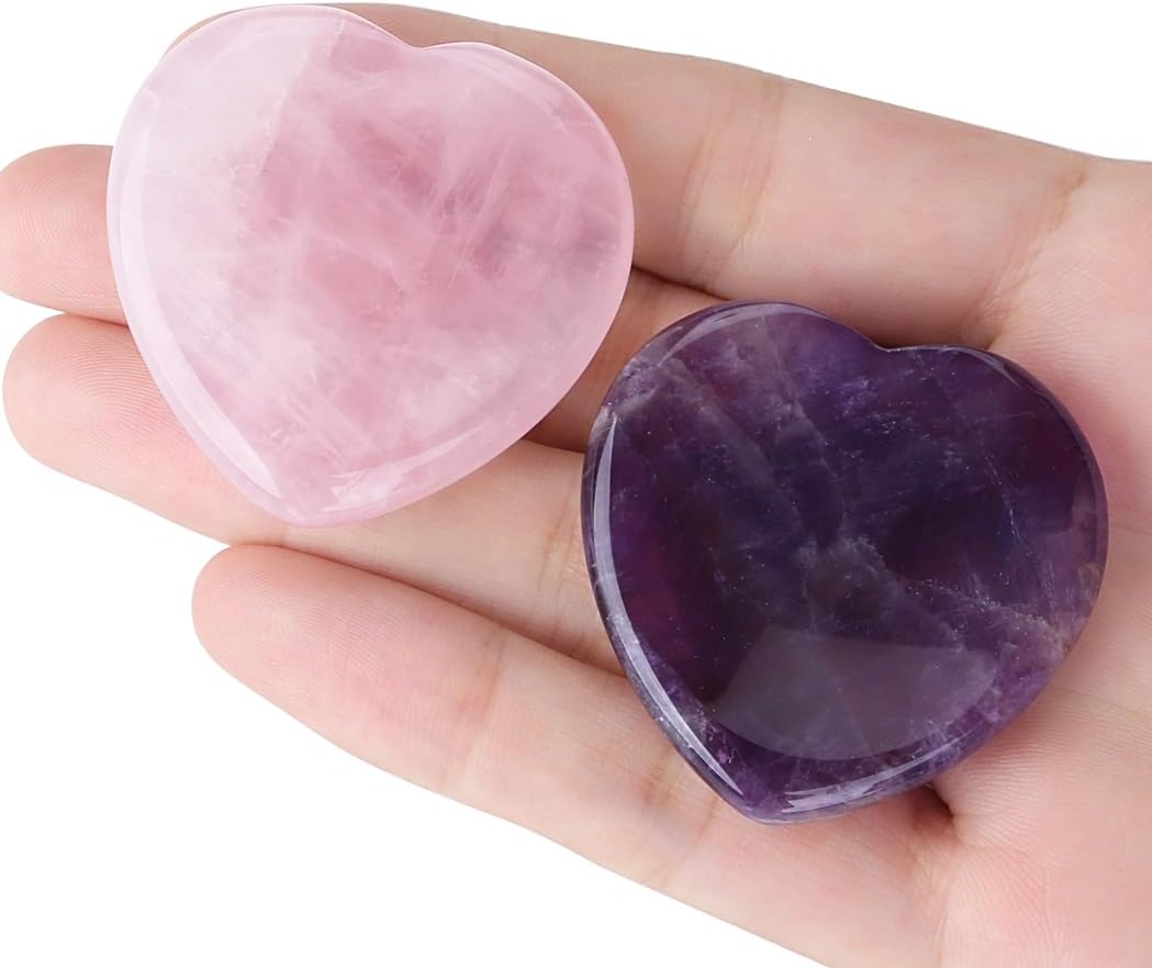 YATOJUZI Thumb Worry Stones for Anxiety Stress Relief Items Healing Crystals Natural Amethyst Rose Quartz Crystal Palm Pocket Stone Gemstones Meditation Reiki Spiritual Gifts for Women Men 2PCS