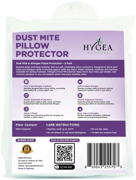 Hygea Dust Mite & Allergen Pillow Protectors Queen 20x30Set of 2 | Zippered