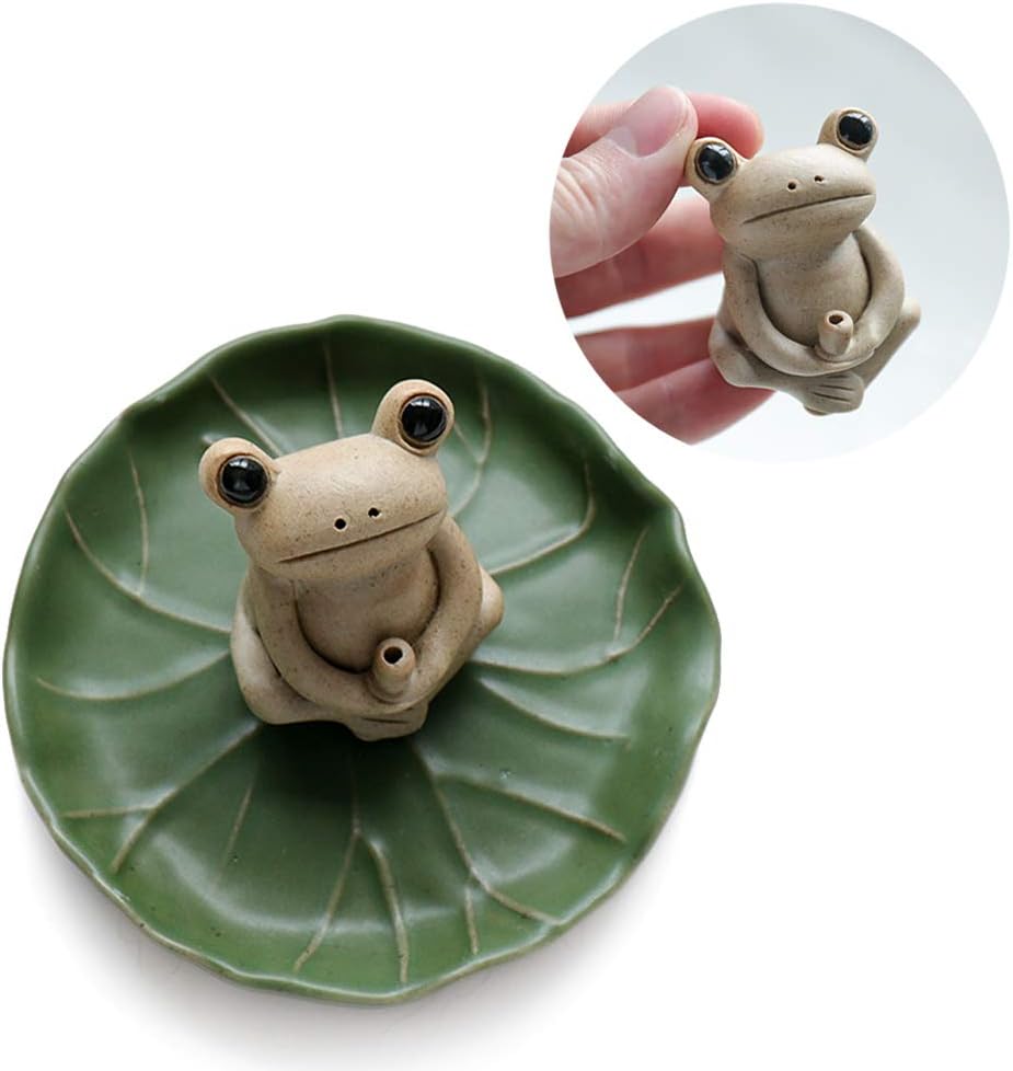 NAGU 100% Handmade Ceramic Stick Incense Burner Holder,Small Frog Incense,Lotus Leaf Tray,Mini Cute Animal Statue Home Incense Burner