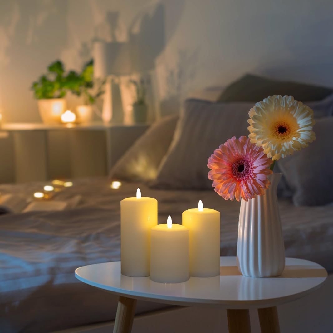 ANGELLOONG Flickering Flameless Candles, Realistic Battery Operated Candles with Remote and Timer, Set of 3 LED Candles for Fall Room Home Wedding Decor Centerpieces Table Party Christmas Decorations