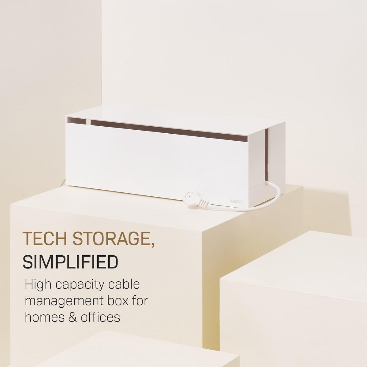 Yamazaki Home Cable Management Box – Cord Organizer Box with Lid, Minimalist Cable Storage for Office, ABS Plastic