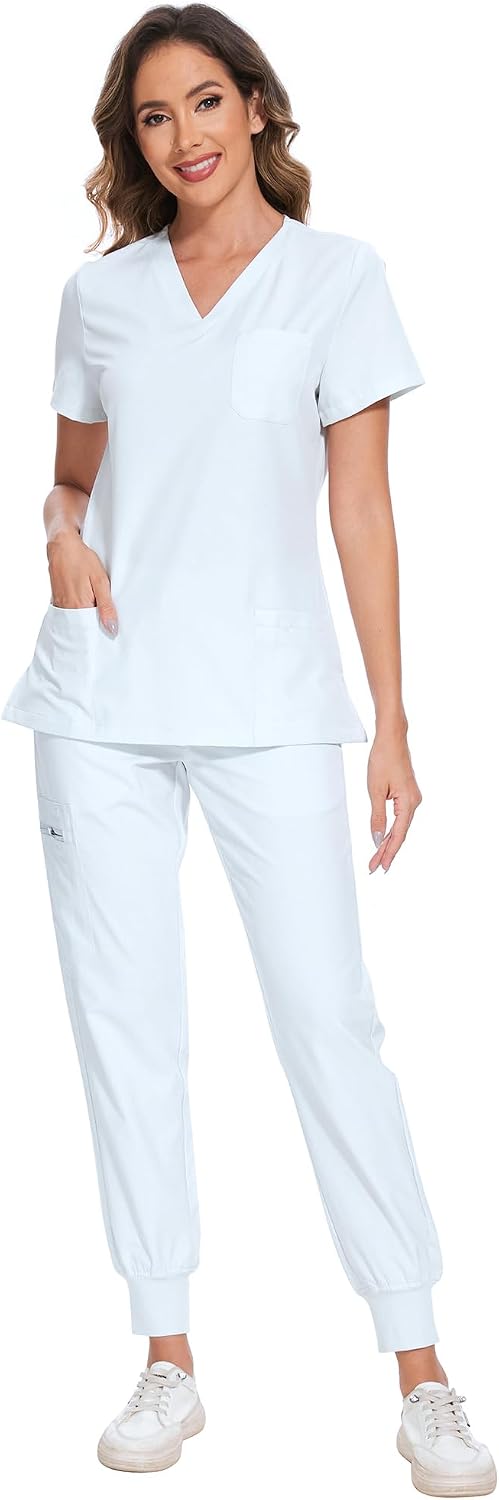 COZYFIT Scrubs for Women Set - Stretch V-Neck Scrub Top & Jogger Pant with 8 Pockets COZY SCRUBS - Colors B
