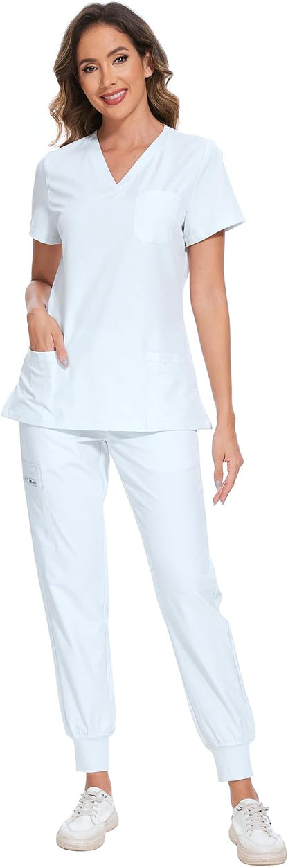 COZYFIT Scrubs for Women Set - Stretch V-Neck Scrub Top & Jogger Pant with 8 Pockets COZY SCRUBS - Colors B