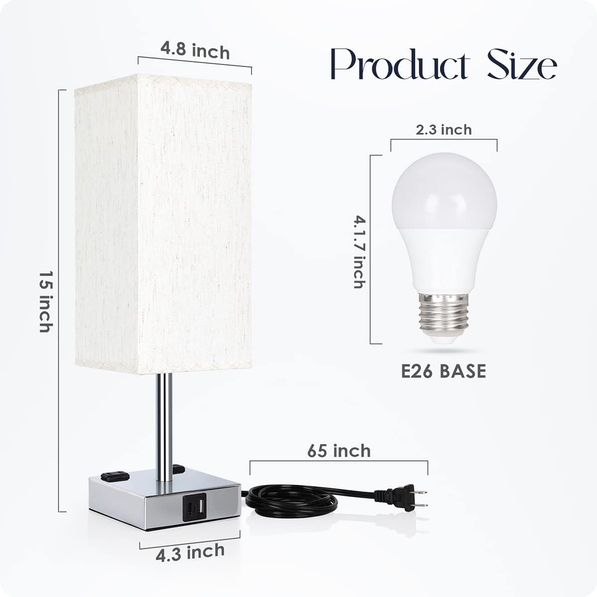 Bedside Table Lamp for Bedroom - Touch Small Lamp with USB C+A Charging Ports & AC Outlets, 3 Way Dimmable Nightstand Light for Living Room (LED Bulb Included, Grey)