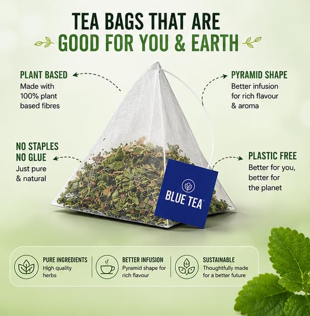 BLUE TEA - Lemon Balm Tea - 100 Count - Plant Based Tea Bag | RELIEVES STRESS - IMPROVES DIGESTION | Reduces Bloating | Refreshing Citrus Flavour - Leaf Based - Caffeine Free | Ziplock Pouch