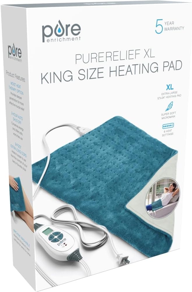 Pure Enrichment® PureRelief® XL Heating Pad - 12" x 24" Electric Heating Pad for Back Pain & Cramps, 6 Heat Settings, Soft Machine Wash Fabric, Auto-Off & Moist Heat (Charcoal Gray)